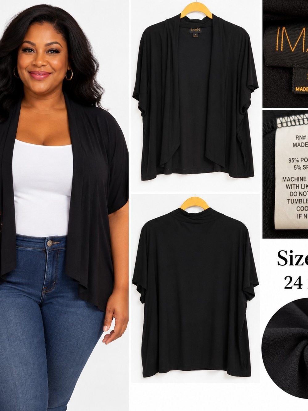 IMAN 3X Black Open Front Draped Short Sleeve Cardigan Made in USA